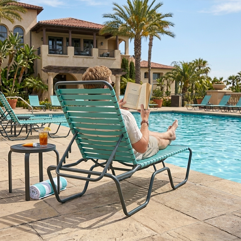 Guest relaxing in a commercial vinyl strap chaise lounge beside a resort swimming pool.
